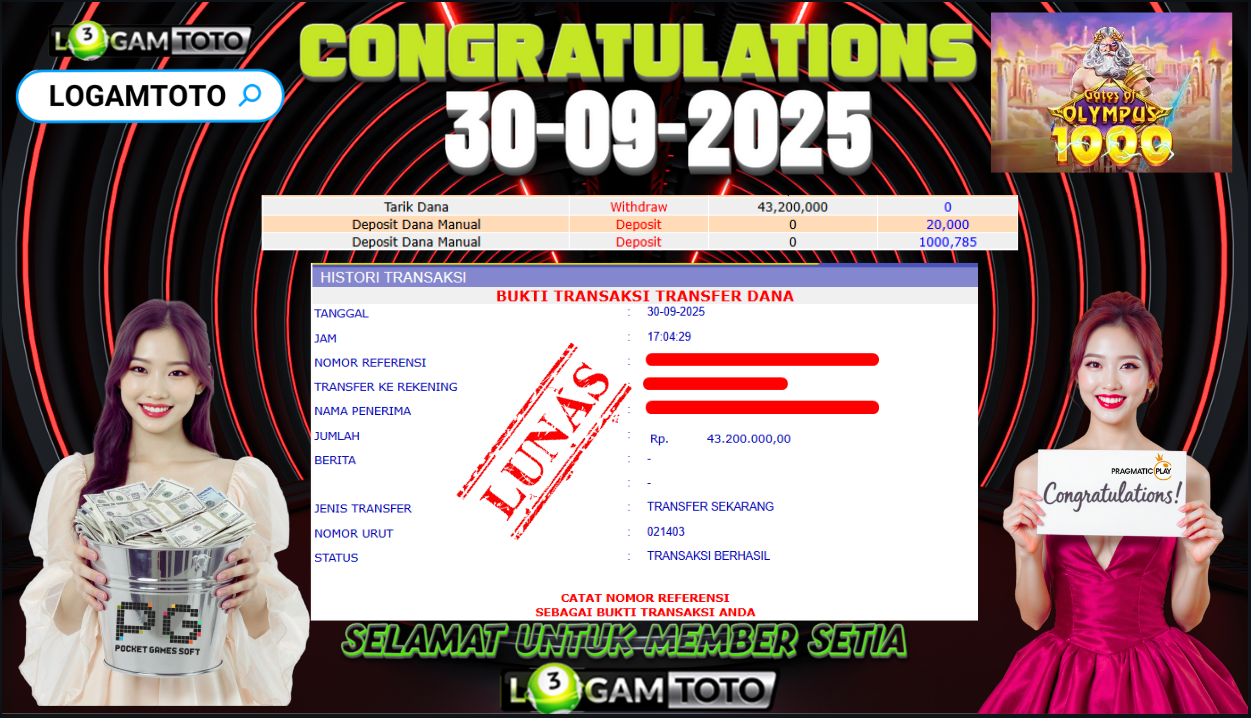 SELAMAT KEPADA MEMBER SETIA LOGAMTOTO BERHASIL JACKPOT DI PERMAINAN SLOT GATE OF OLYMPUS 1000